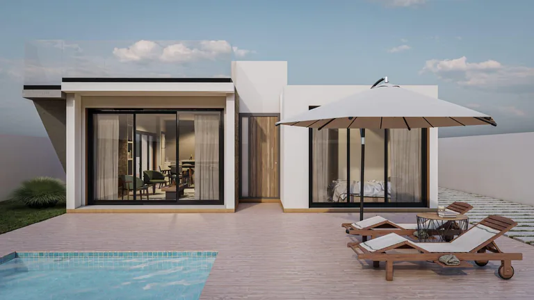 Villa de estilo ibicenco en un tranquilo pueblo español