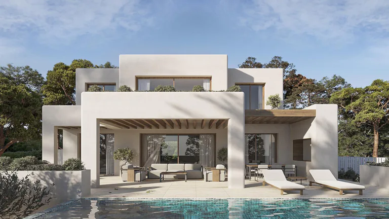 Villa con vistas al mar y encanto ibicenco en La Fustera, Benissa